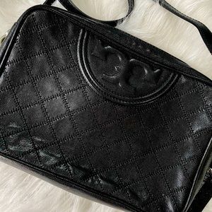 Tory Burch Fleming Distressed Black Leather Camera Bag.